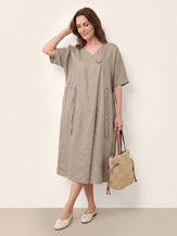 100% Linen Wrap Front Drawstring Waist Midi Dress MARIELLE by LINTICO