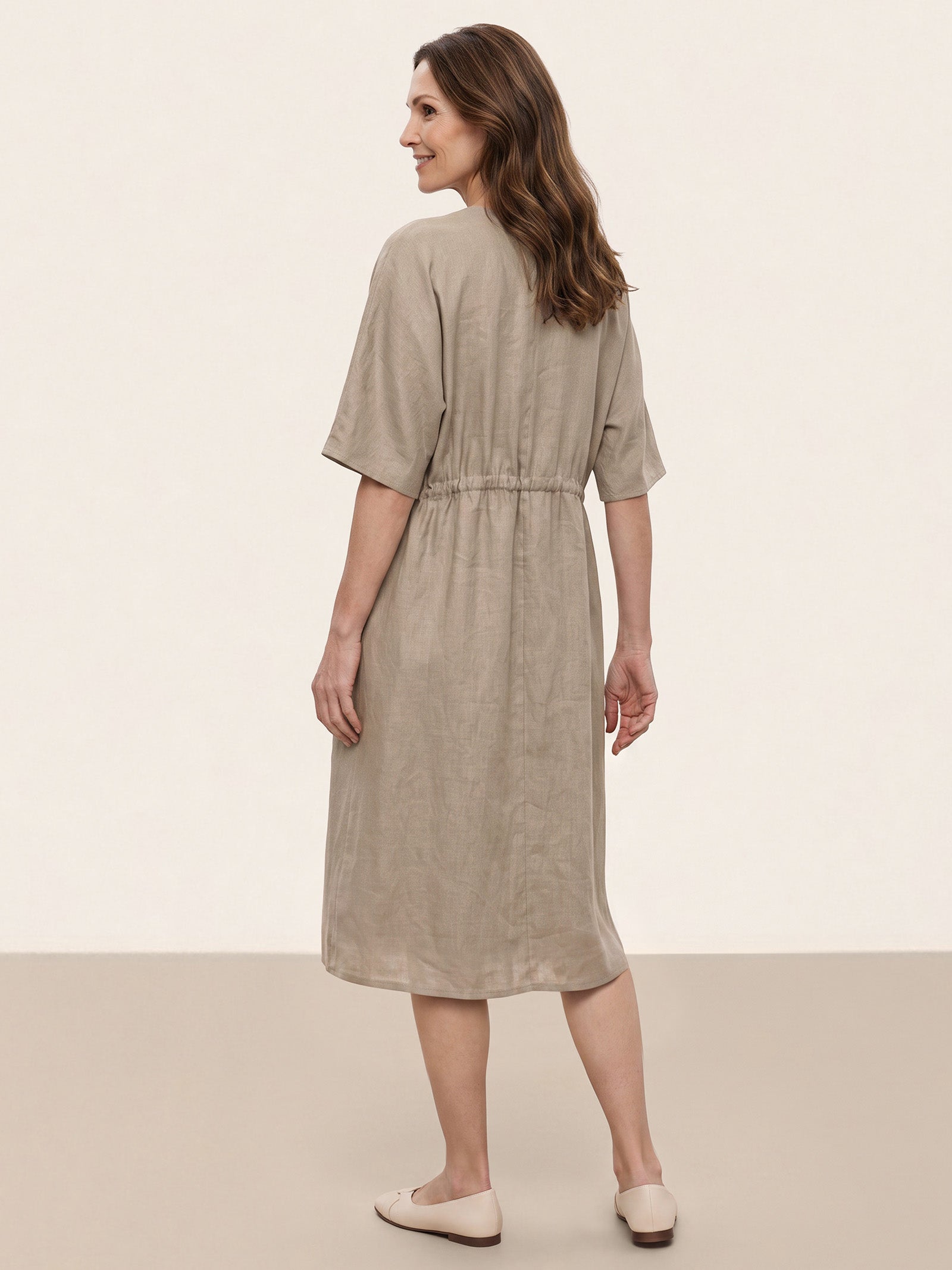 100% Linen Wrap Front Drawstring Waist Midi Dress MARIELLE by LINTICO