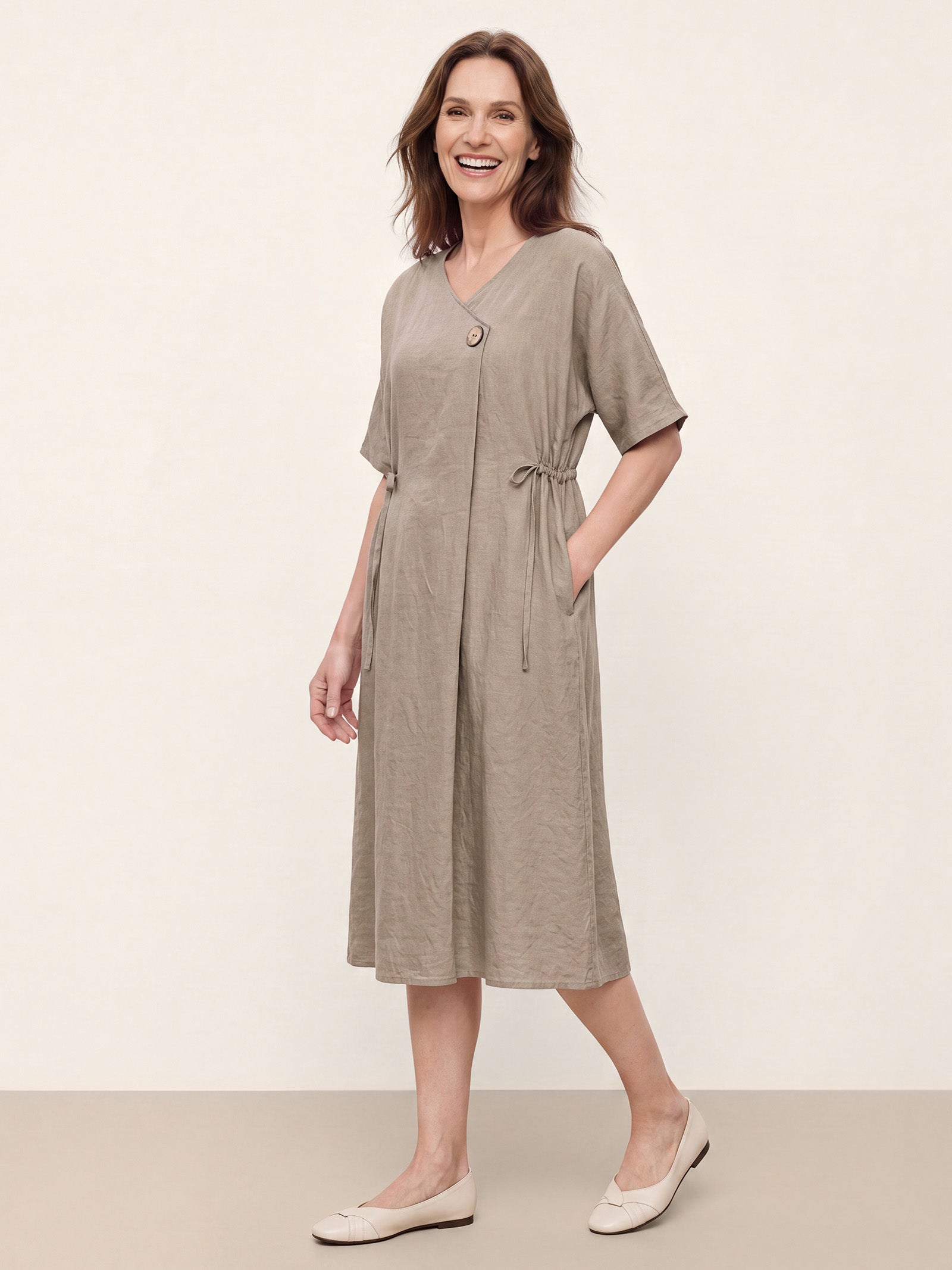 100% Linen Wrap Front Drawstring Waist Midi Dress MARIELLE by LINTICO