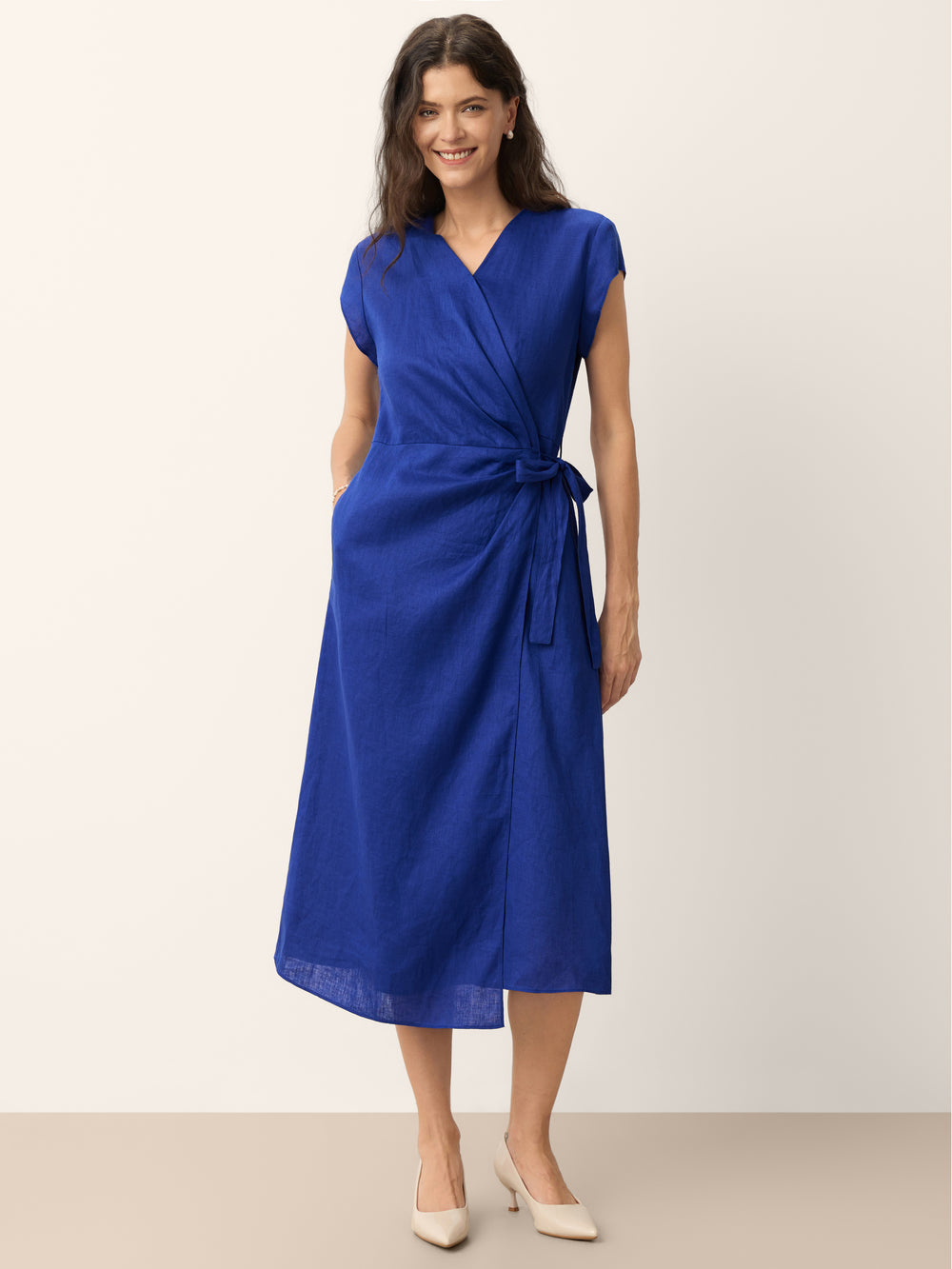 100% Linen Wrap Tie Waist A-Line Midi Dress KERSTIN