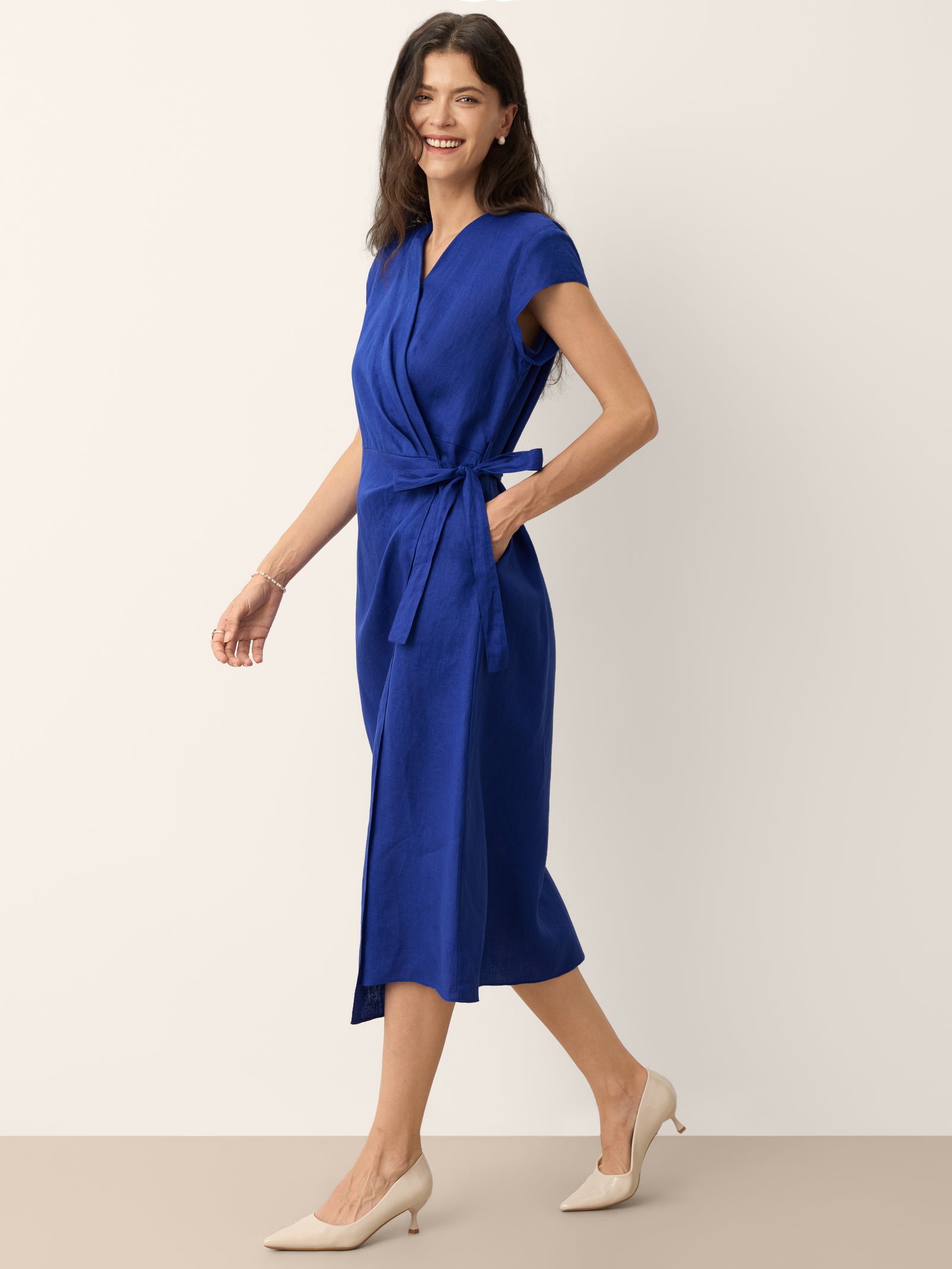 100% Linen Wrap Tie Waist A-Line Midi Dress KERSTIN by LINTICO for women