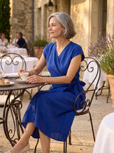 100% Linen Wrap Tie Waist A-Line Midi Dress KERSTIN by LINTICO for women