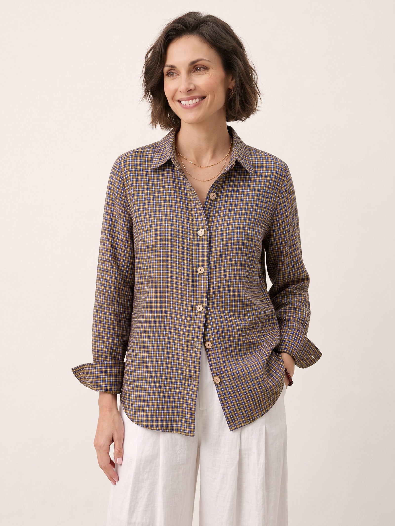 100% Linen Yarn Dyed Check Cuffed Sleeve Shirt VIANNE by LINTICO