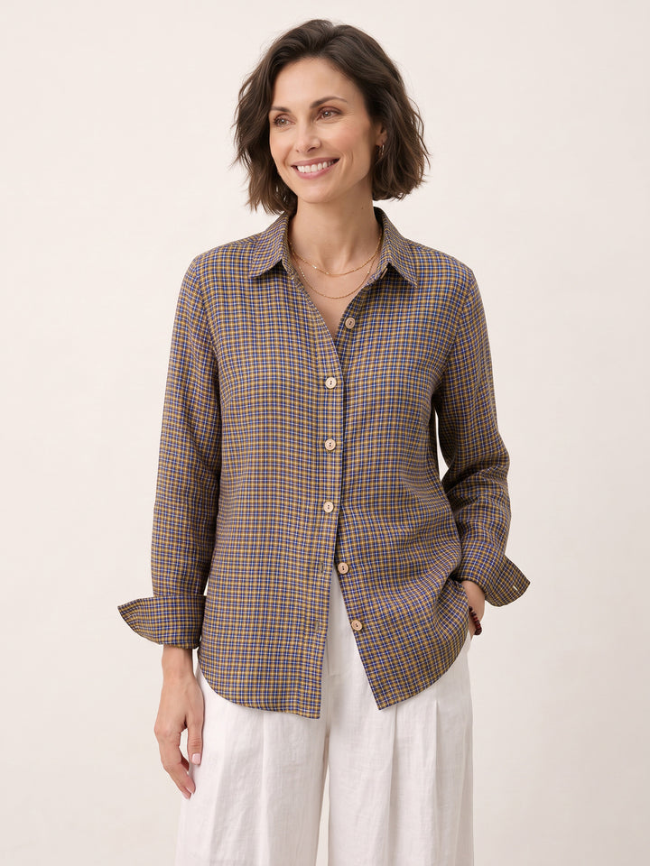 100% Linen Yarn Dyed Check Cuffed Sleeve Shirt VIANNE
