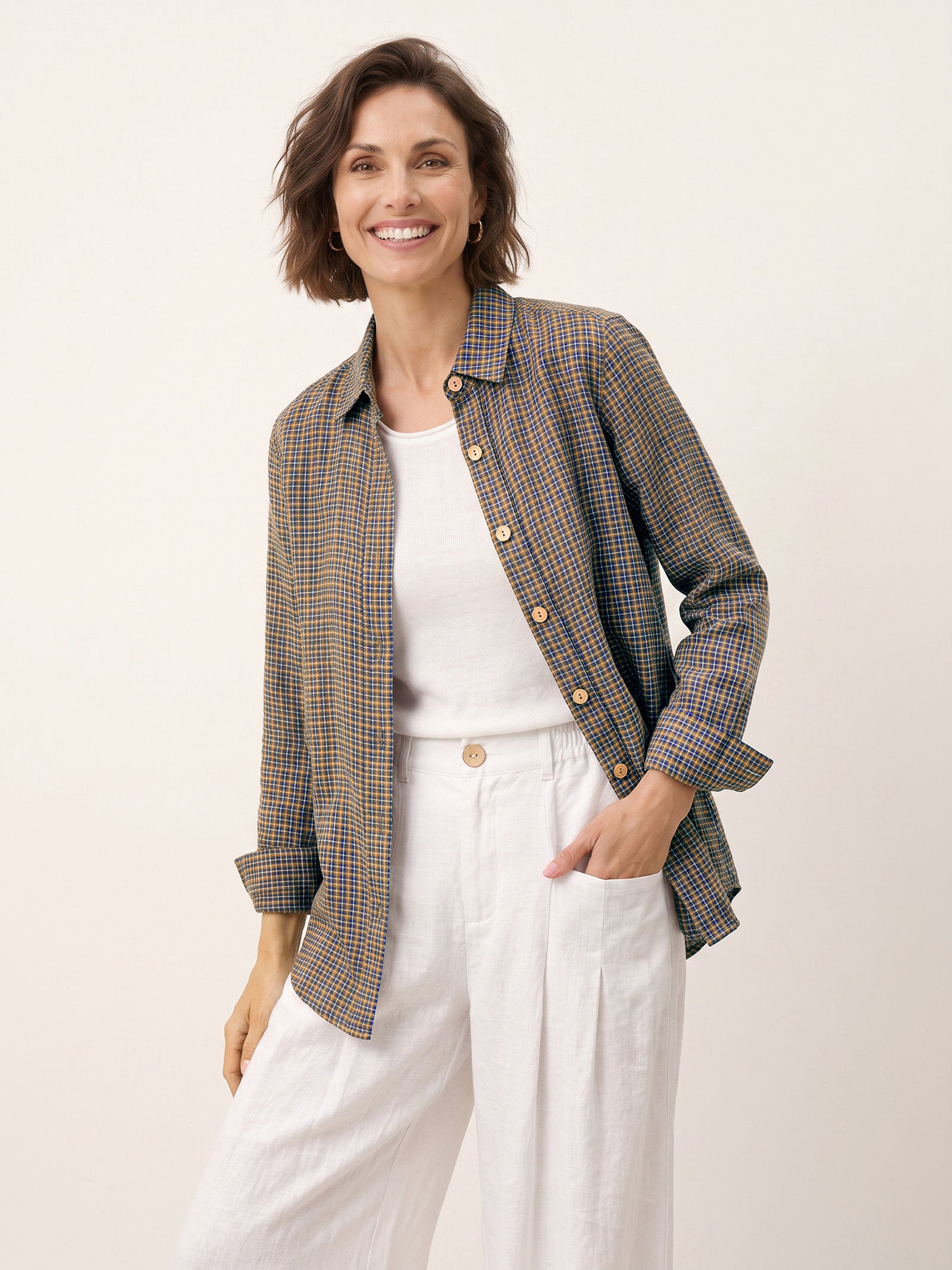 100% Linen Yarn Dyed Check Cuffed Sleeve Shirt VIANNE by LINTICO