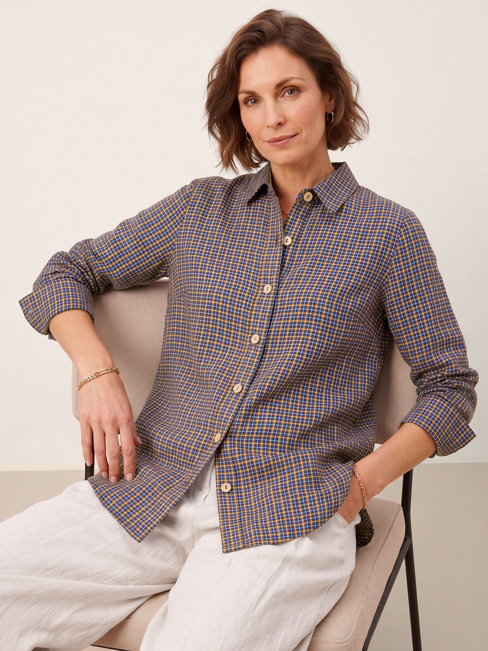 100% Linen Yarn Dyed Check Cuffed Sleeve Shirt VIANNE by LINTICO