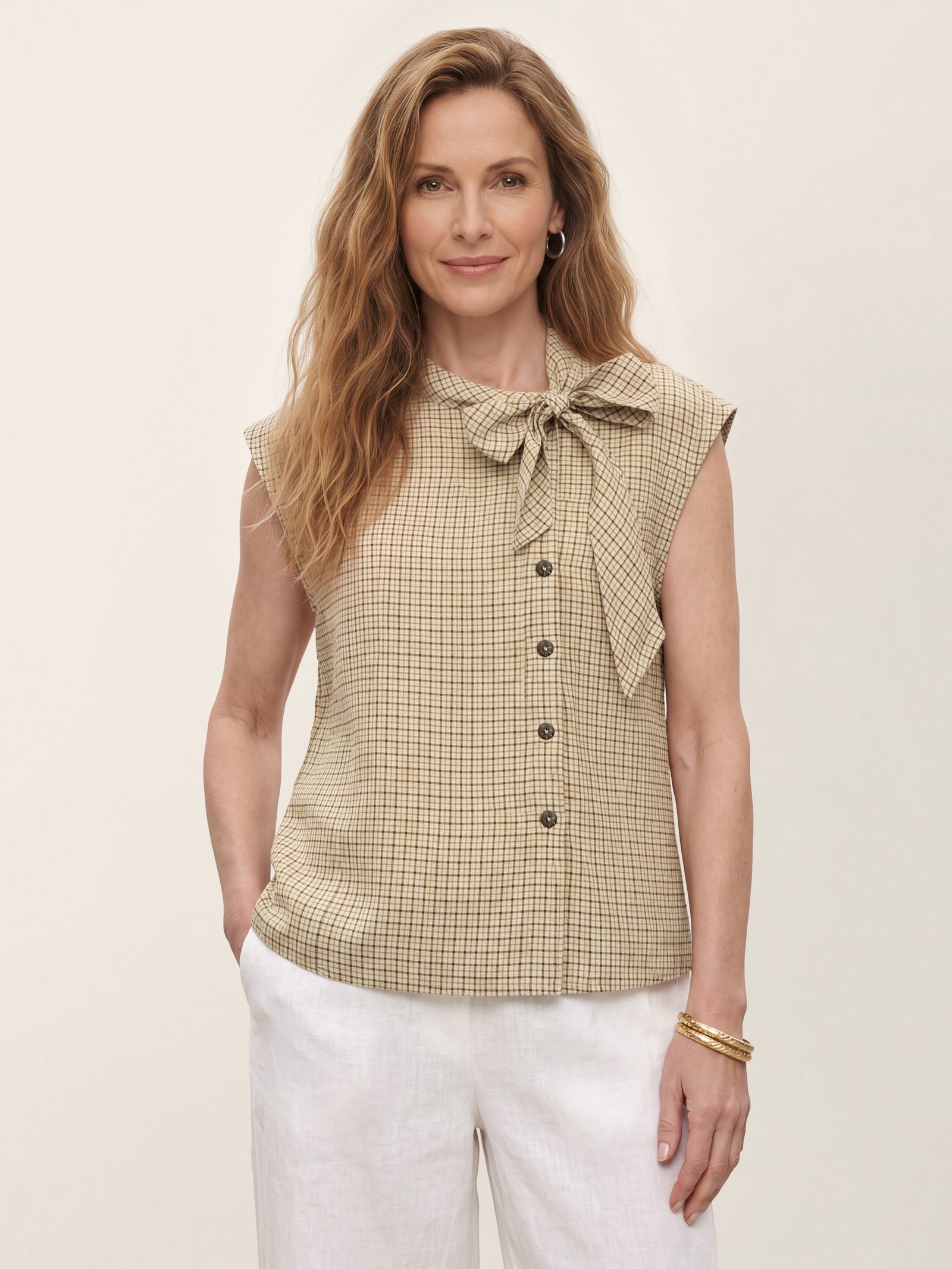 100% Linen Yarn Dyed Check Tie Neck Top ISALINE by LINTICO