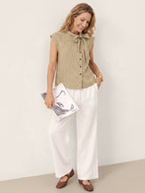 100% Linen Yarn Dyed Check Tie Neck Top ISALINE by LINTICO