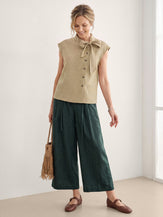 100% Linen Yarn Dyed Check Tie Neck Top ISALINE by LINTICO