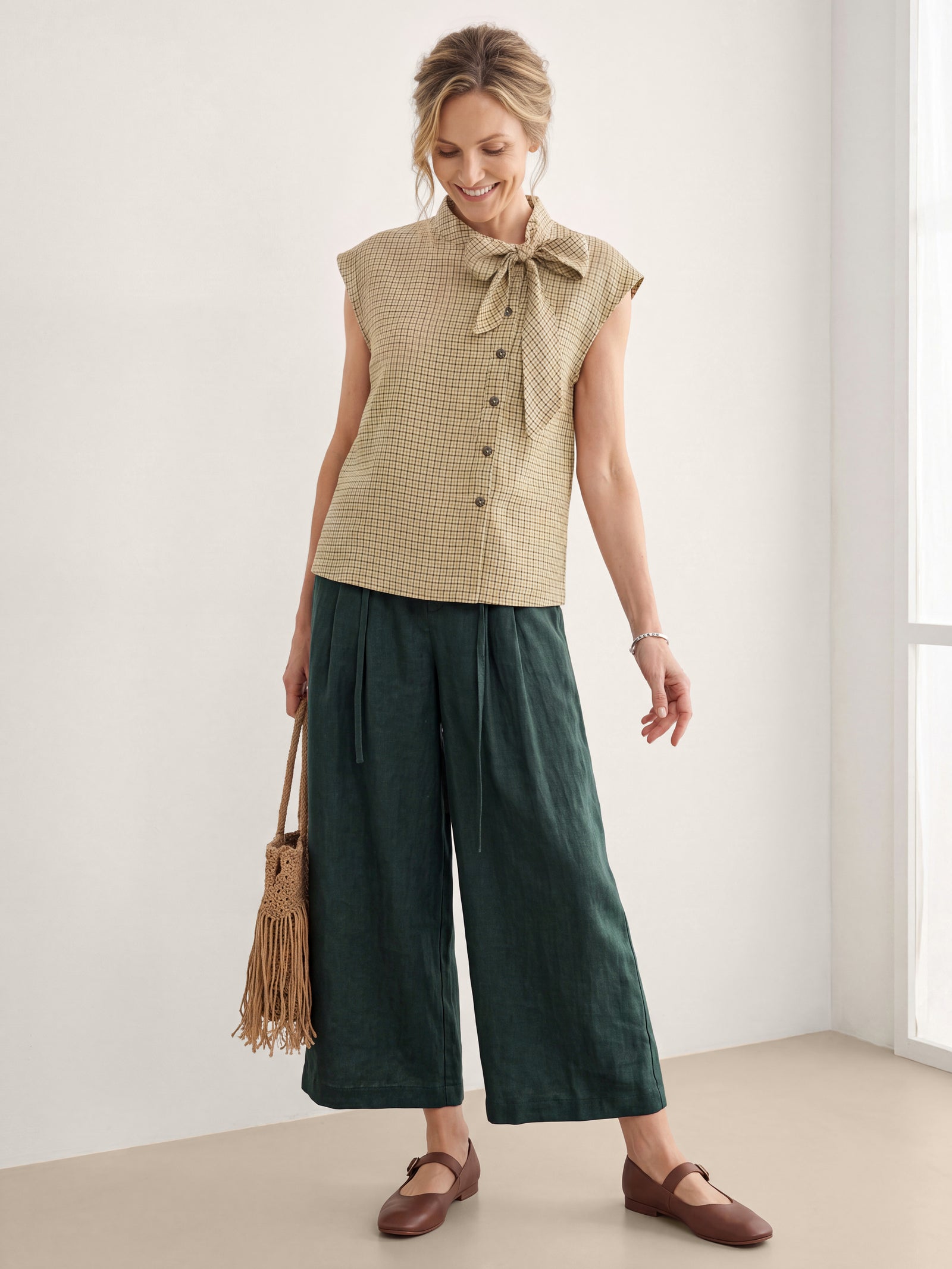 100% Linen Yarn Dyed Check Tie Neck Top ISALINE by LINTICO