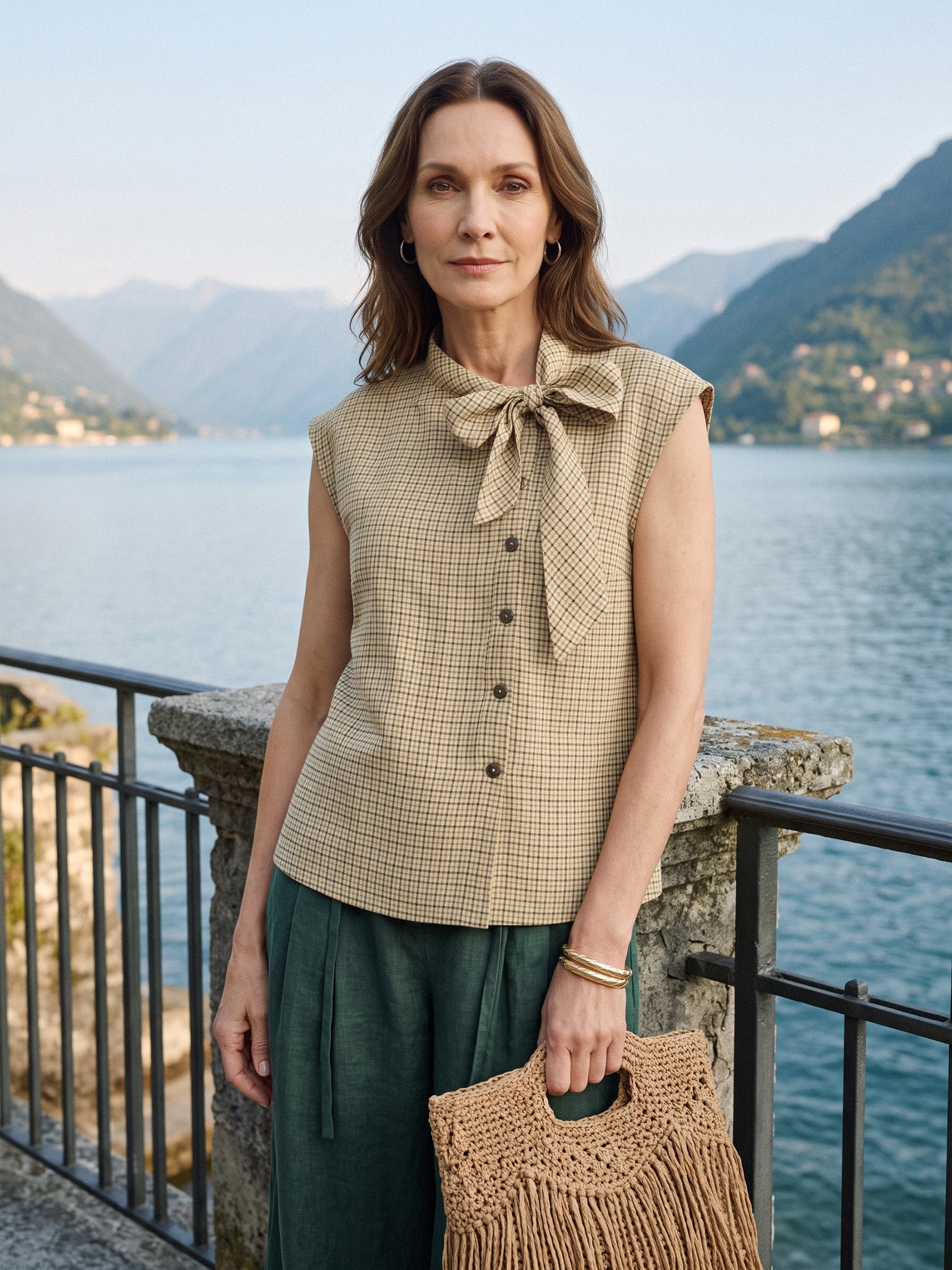 100% Linen Yarn Dyed Check Tie Neck Top ISALINE by LINTICO