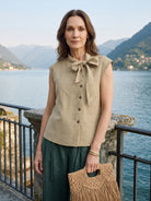 100% Linen Yarn Dyed Check Tie Neck Top ISALINE by LINTICO