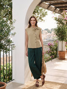 100% Linen Yarn Dyed Check Tie Neck Top ISALINE by LINTICO