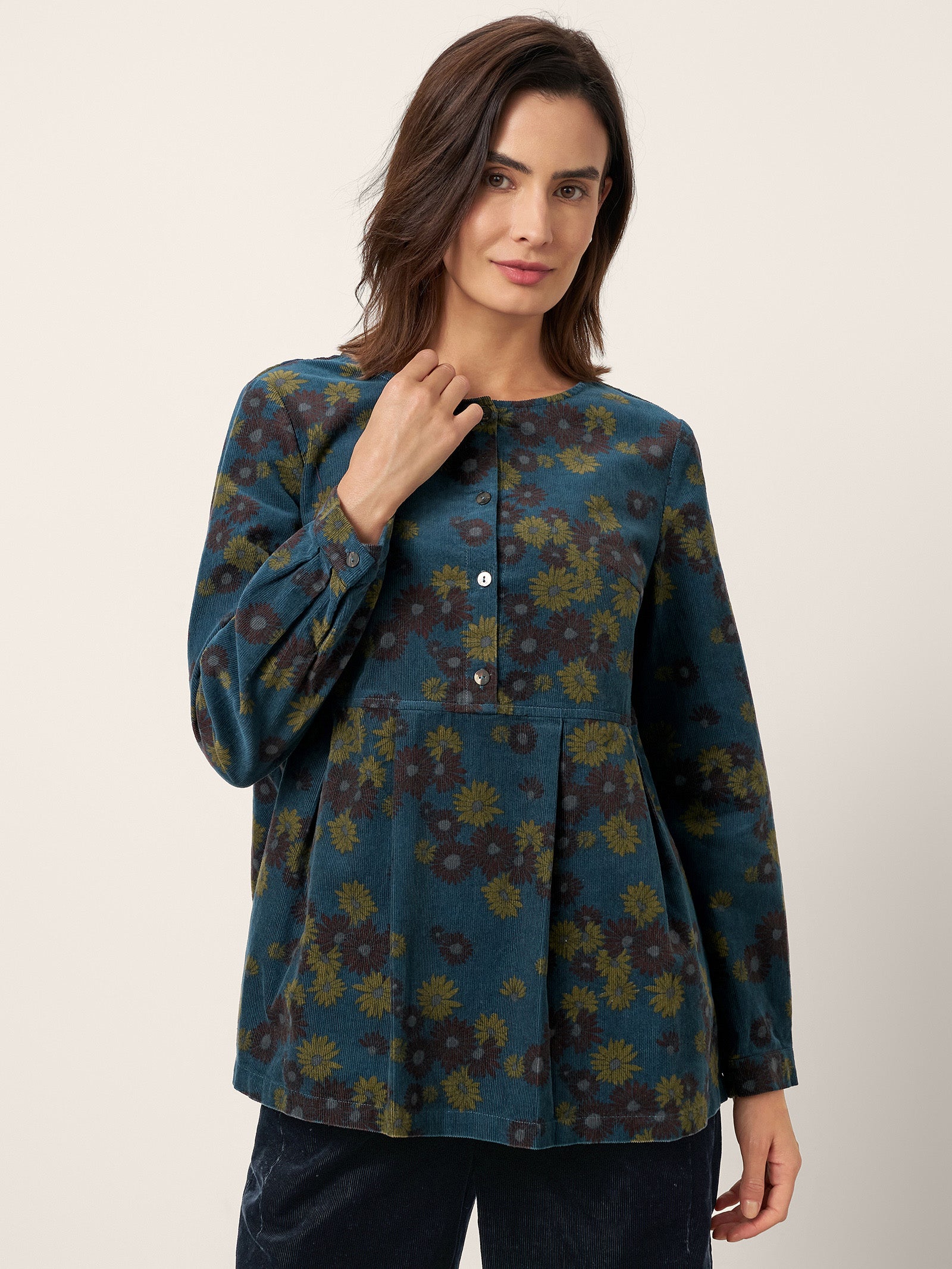 100% Organic Cotton Floral Corduroy Printed Ruched Top ADELE