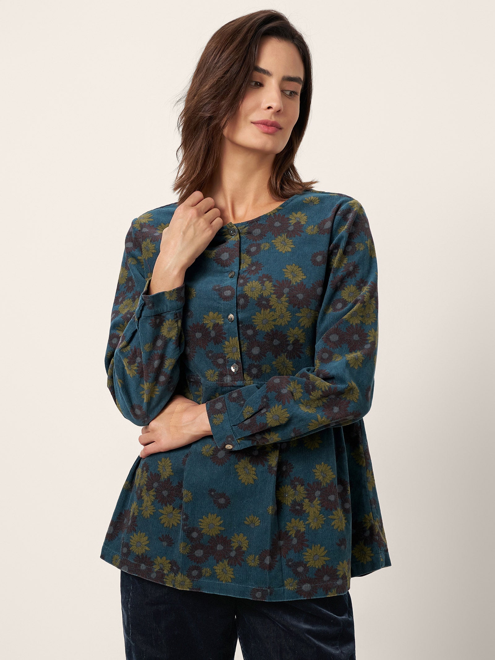 100% Organic Cotton Floral Corduroy Printed Ruched Top ADELE