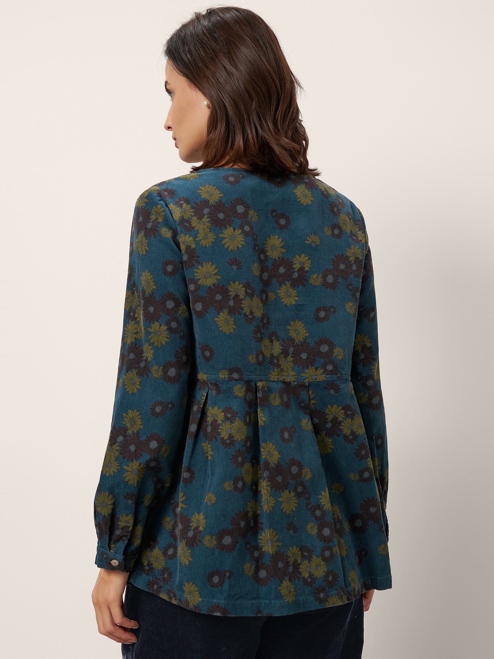 100% Organic Cotton Floral Corduroy Printed Ruched Top ADELE