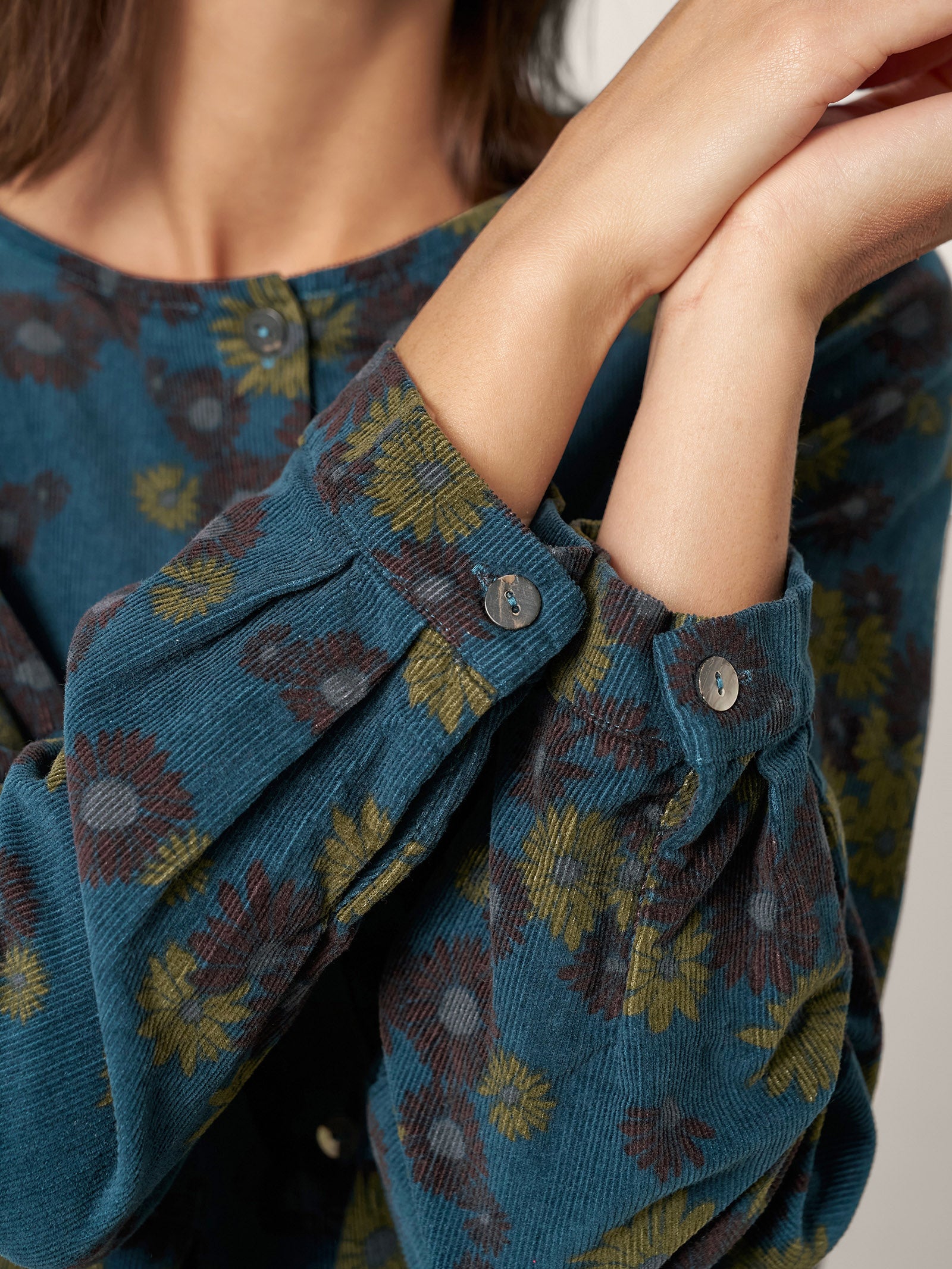 100% Organic Cotton Floral Corduroy Printed Ruched Top ADELE