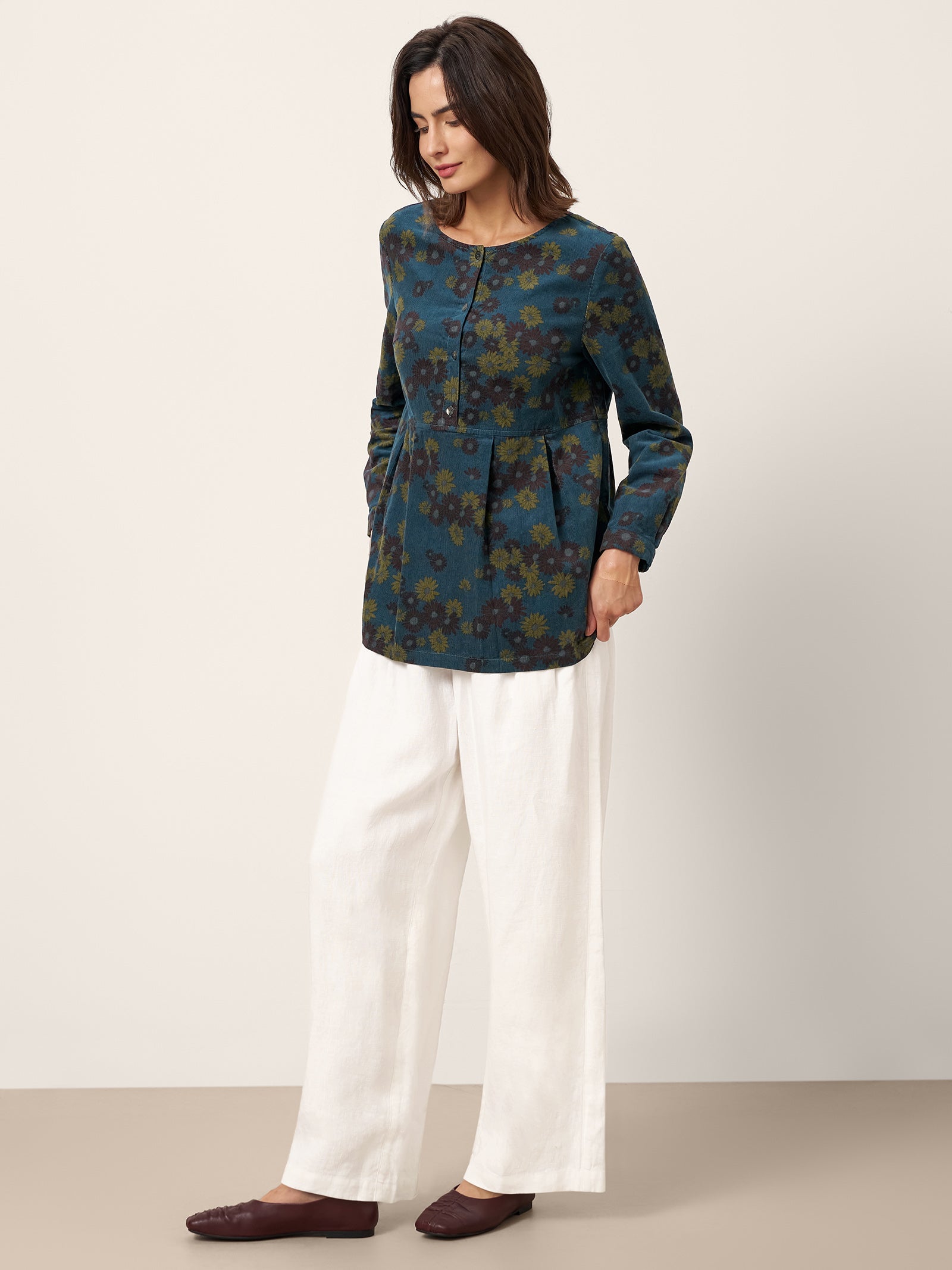 100% Organic Cotton Floral Corduroy Printed Ruched Top ADELE