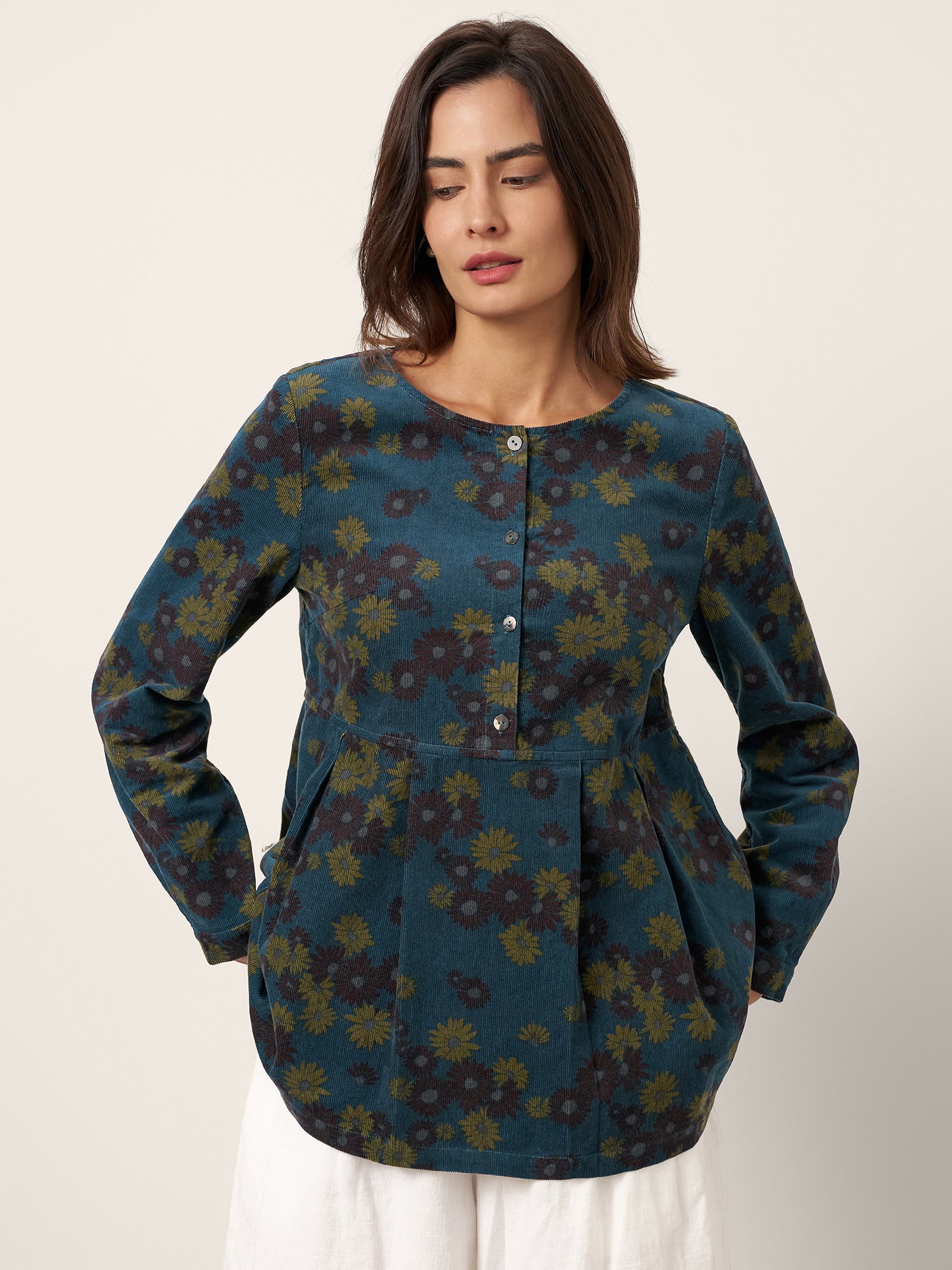 100% Organic Cotton Floral Corduroy Printed Ruched Top ADELE