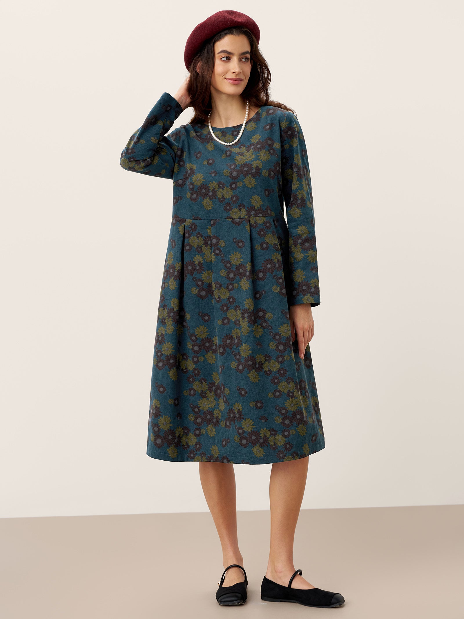 100% Organic Cotton Ruched Print Boat Neck Midi Dress CRESSIDA