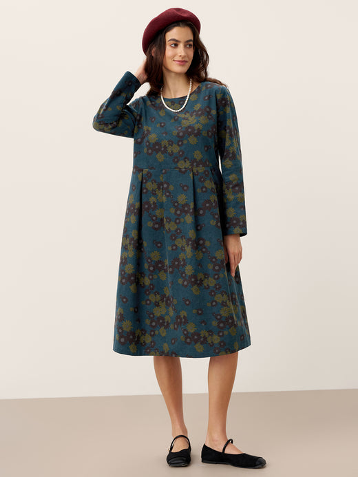 100% Organic Cotton Ruched Print Boat Neck Midi Dress CRESSIDA