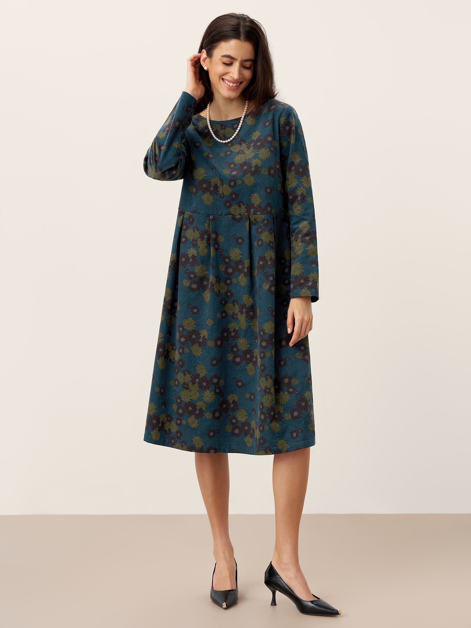 100% Organic Cotton Ruched Print Boat Neck Midi Dress CRESSIDA