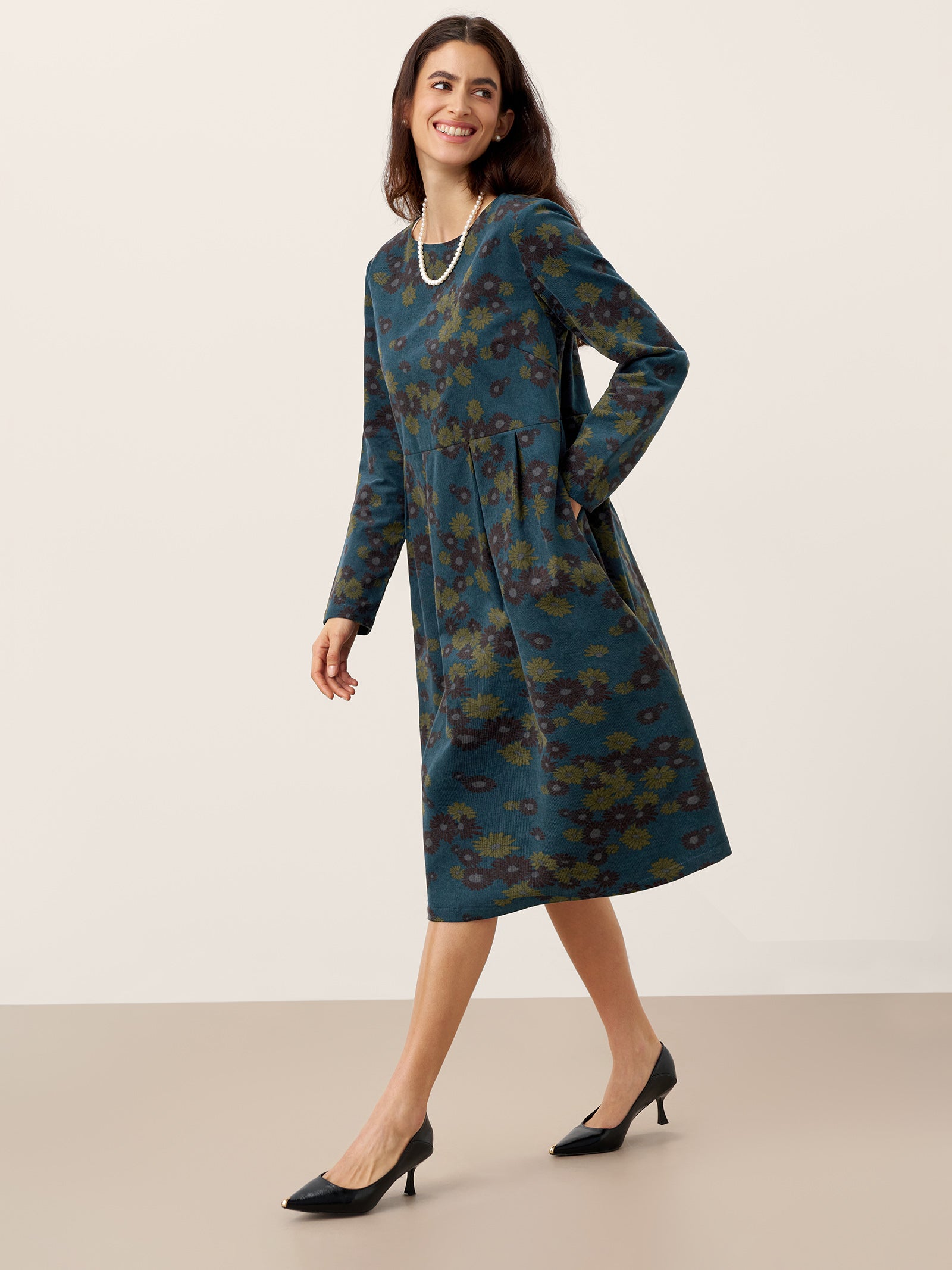 100% Organic Cotton Ruched Print Boat Neck Midi Dress CRESSIDA