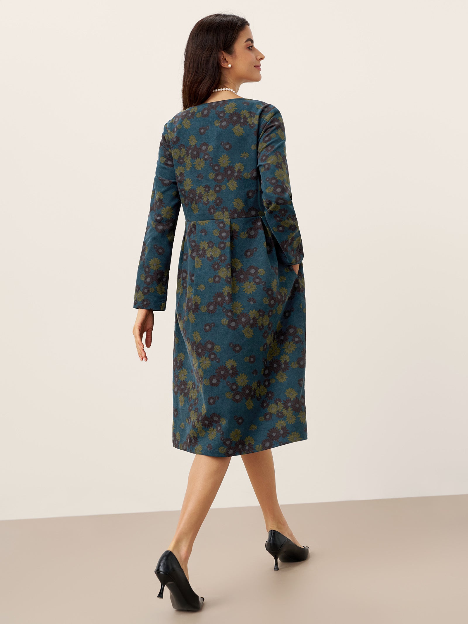 100% Organic Cotton Ruched Print Boat Neck Midi Dress CRESSIDA