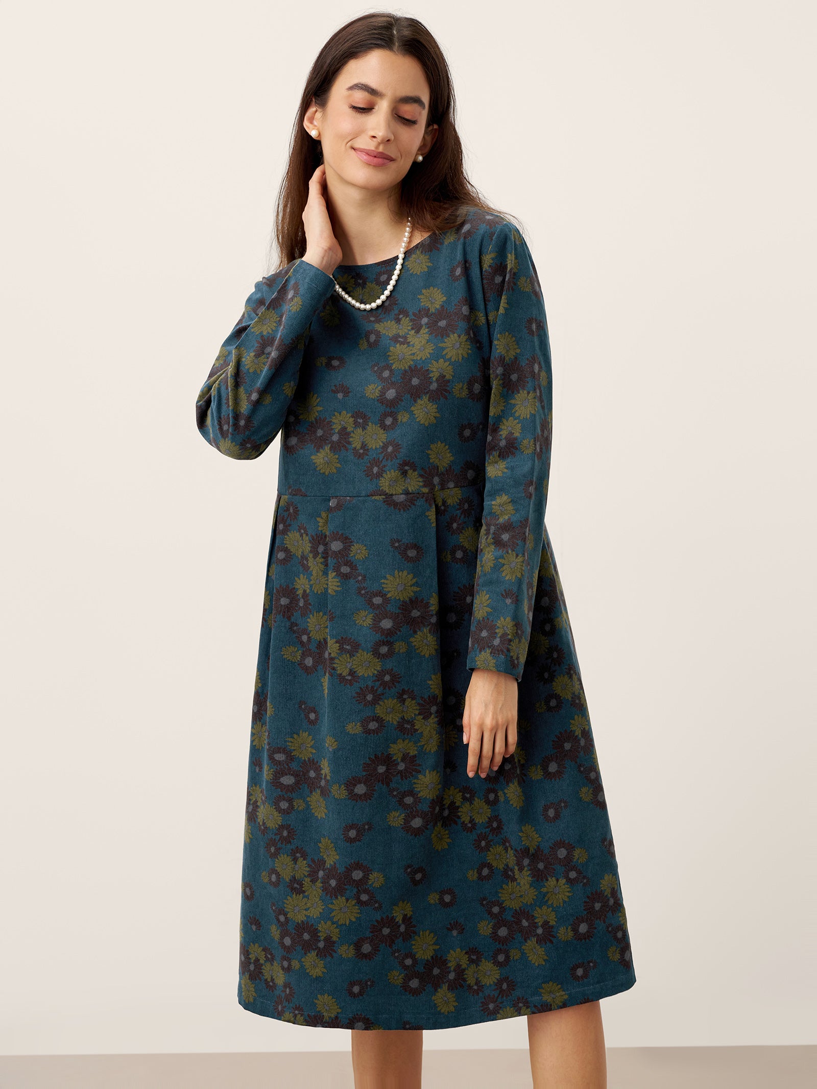 100% Organic Cotton Ruched Print Boat Neck Midi Dress CRESSIDA