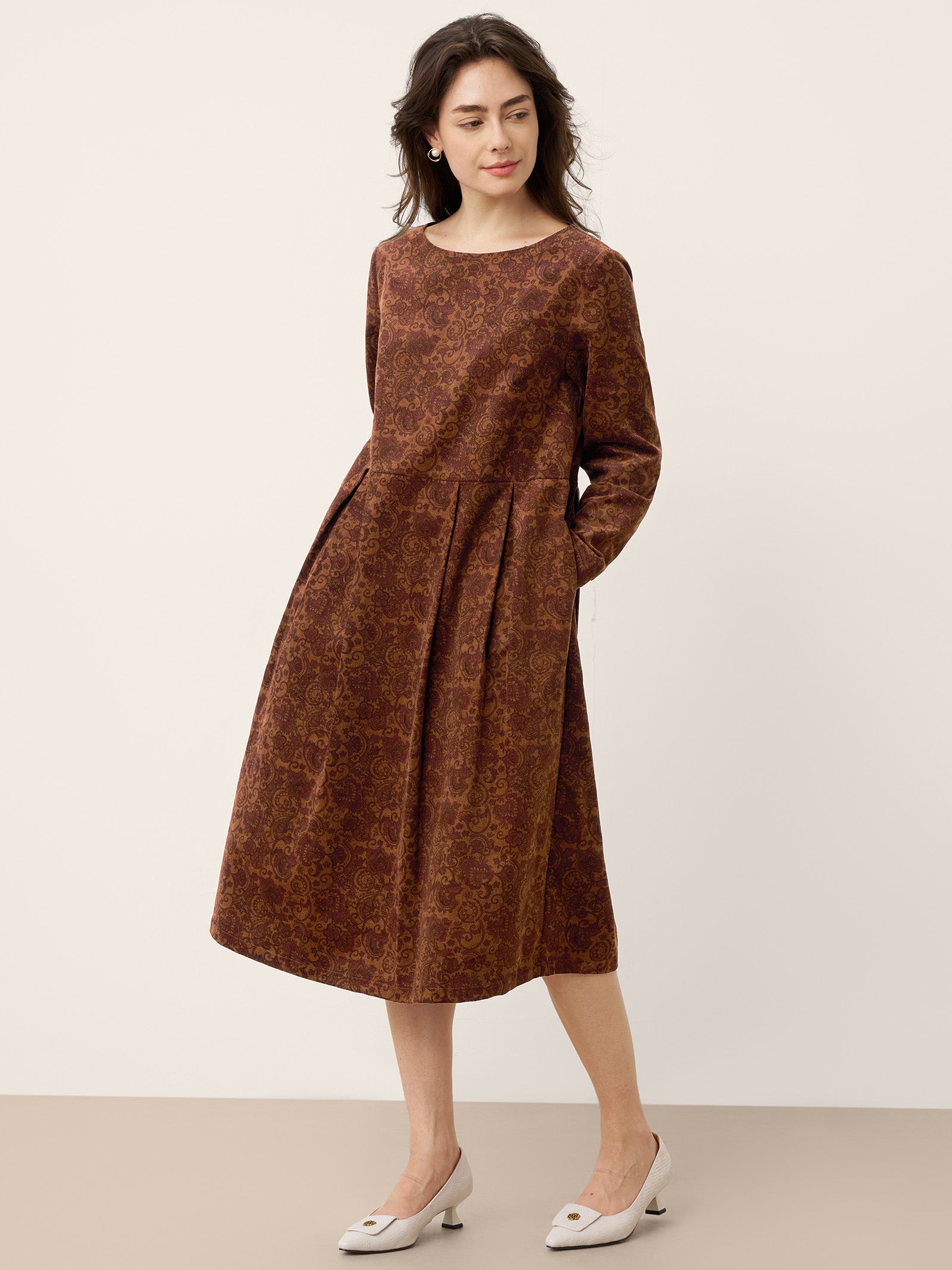 100% Organic Cotton Ruched Print Boat Neck Midi Dress CRESSIDA