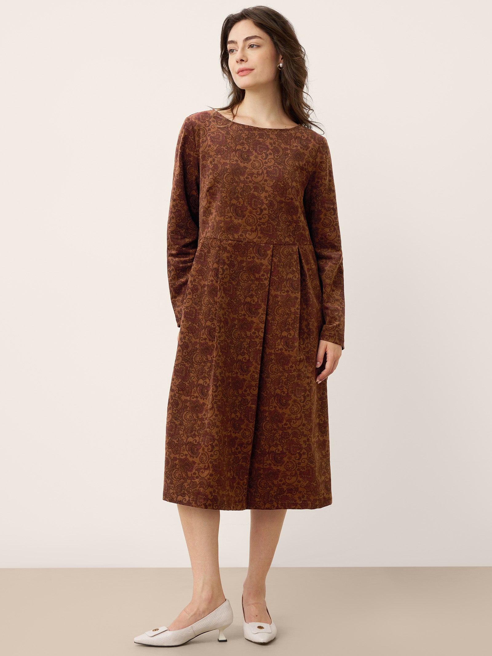 100% Organic Cotton Ruched Print Boat Neck Midi Dress CRESSIDA