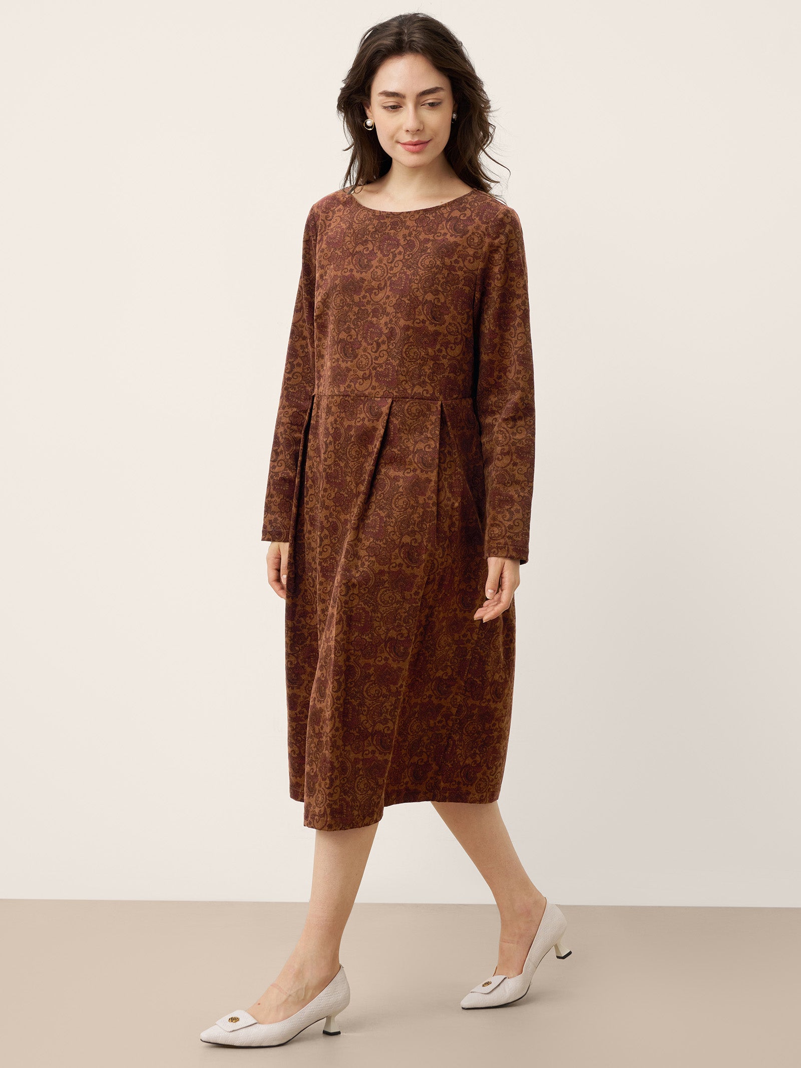 100% Organic Cotton Ruched Print Boat Neck Midi Dress CRESSIDA