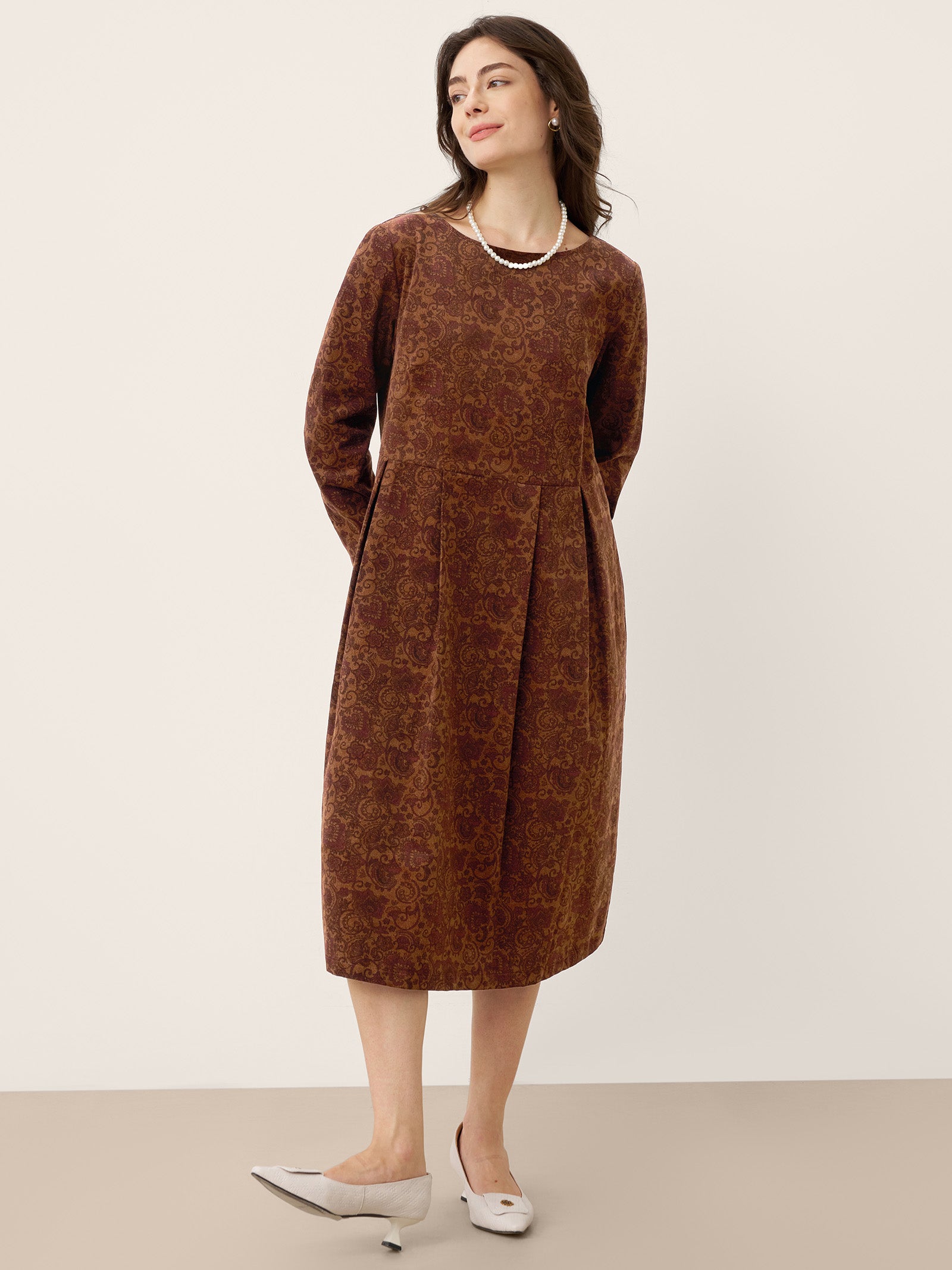100% Organic Cotton Ruched Print Boat Neck Midi Dress CRESSIDA