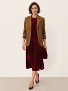 100% Silk Velvet Draped Pleat Relaxed Midi Dress ZELARA in Mulberry Wine