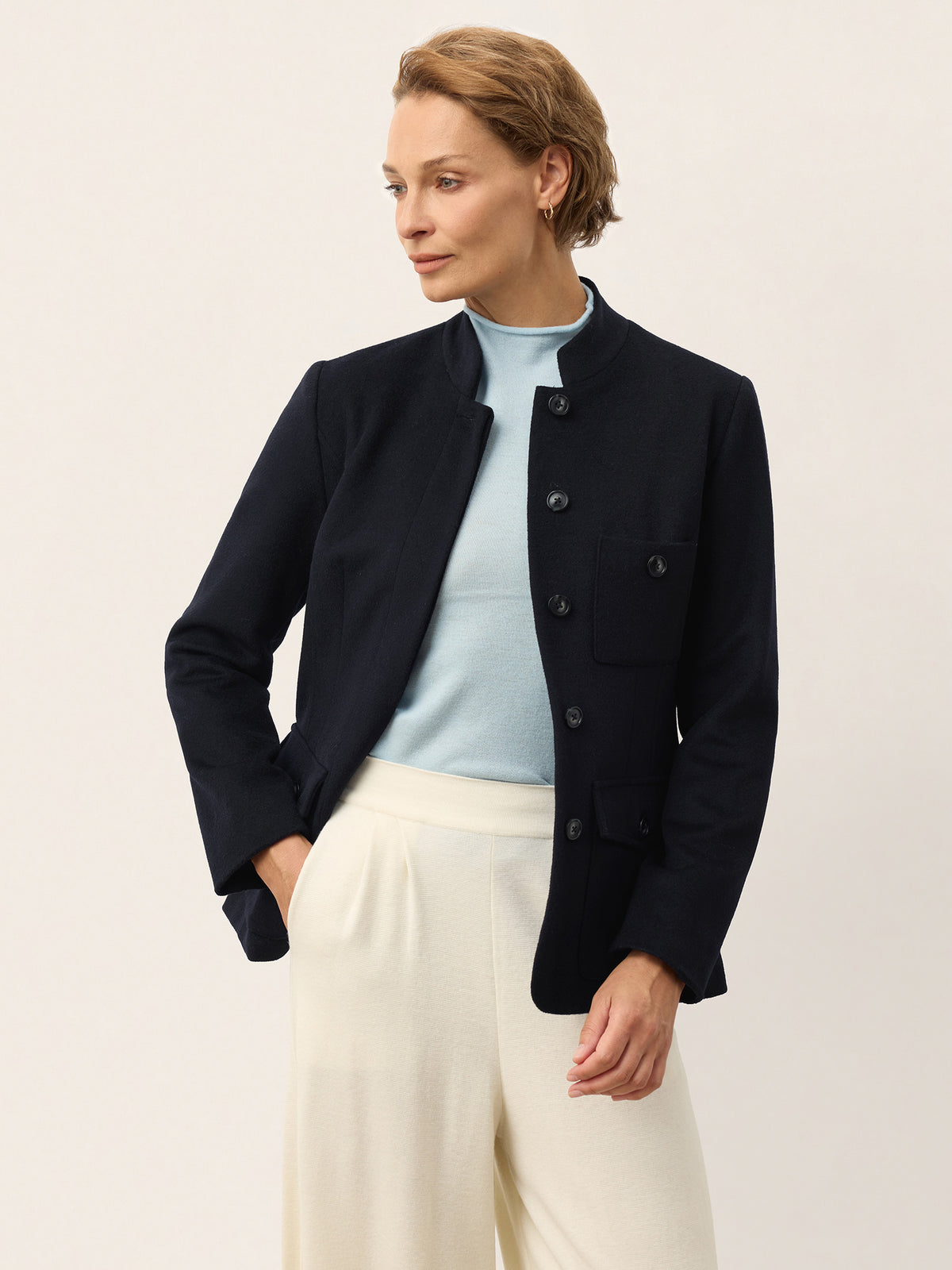 100% Wool Stand Collar Patch Pocket Jacket ANABELLE in Smoky Navy by LINTICO, product image 1 of 10