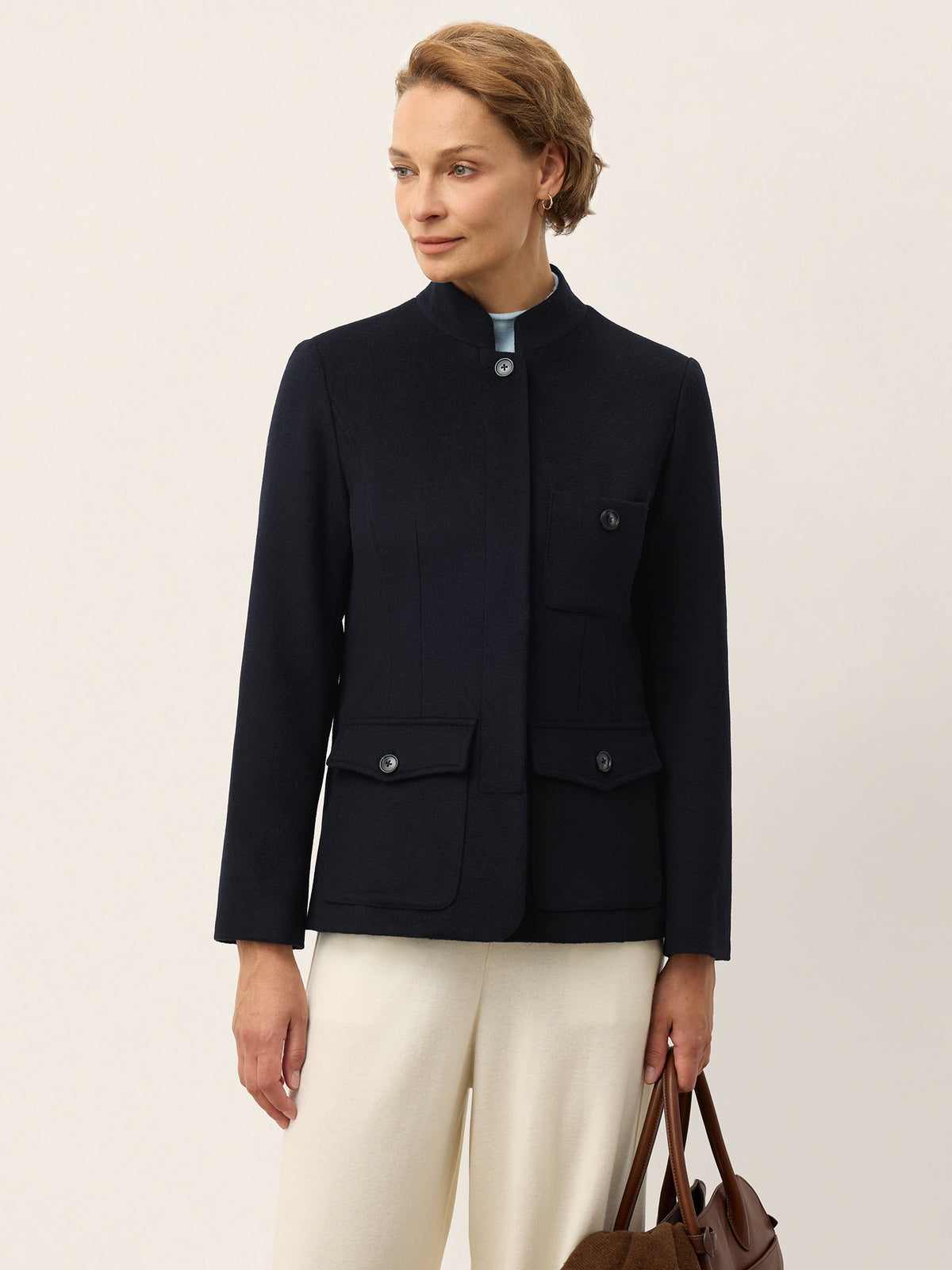 100% Wool Stand Collar Patch Pocket Jacket ANABELLE in Smoky Navy by LINTICO, product image 3 of 10