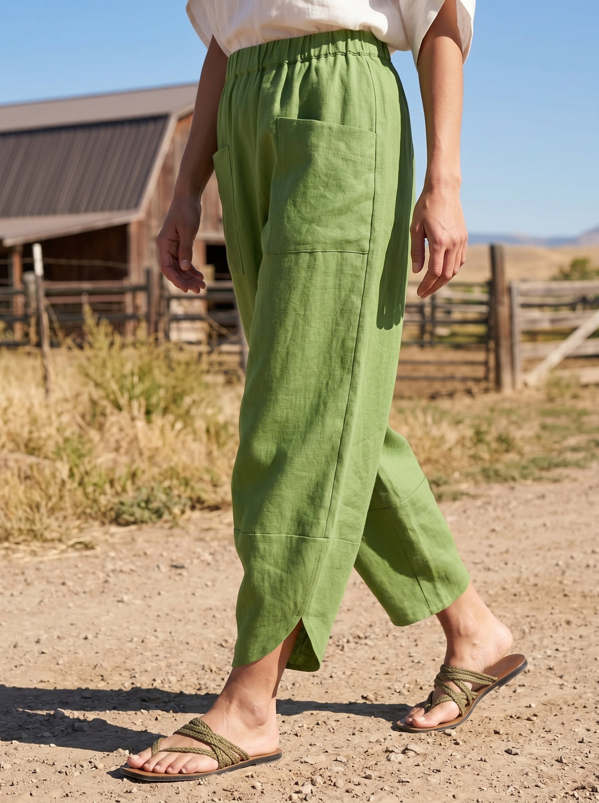 100% Linen Petal-Hem Trousers with Elastic Waist LIV by LINTICO for women