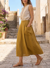 Linen Checked Elastic Waist Skirt MARINA by LINTICO for women
