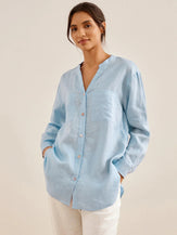 Camicia ampia elegante CELINE in 100% lino - Azzurro cielo / S - top, camicie in lino
