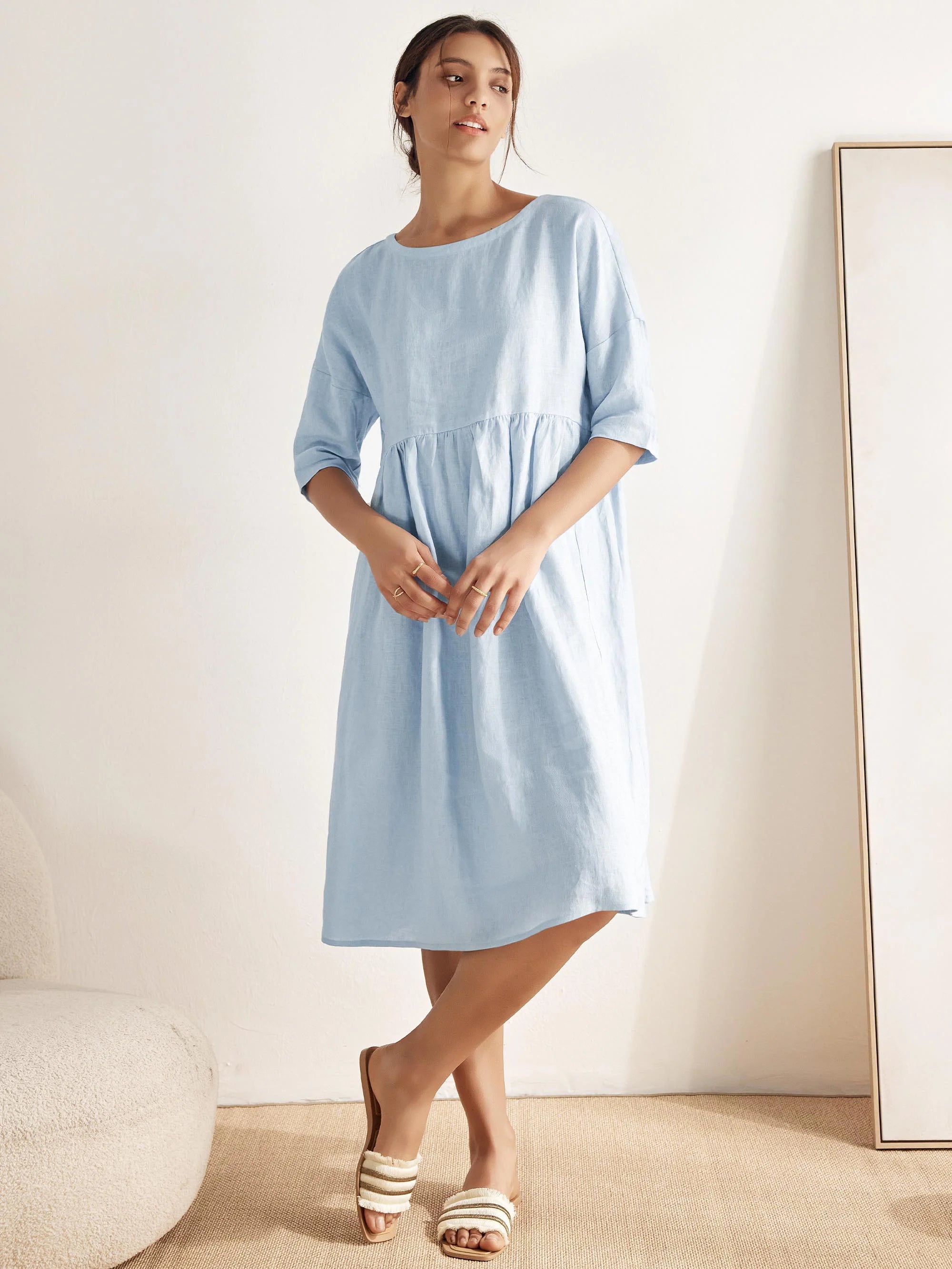 100% Linen A-Line Midi Dress VALENCIA