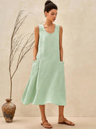 100% Linen Swing Beach Tank Dress GIANA - Tarragon Green / XS - DRESSES-Linen Midi