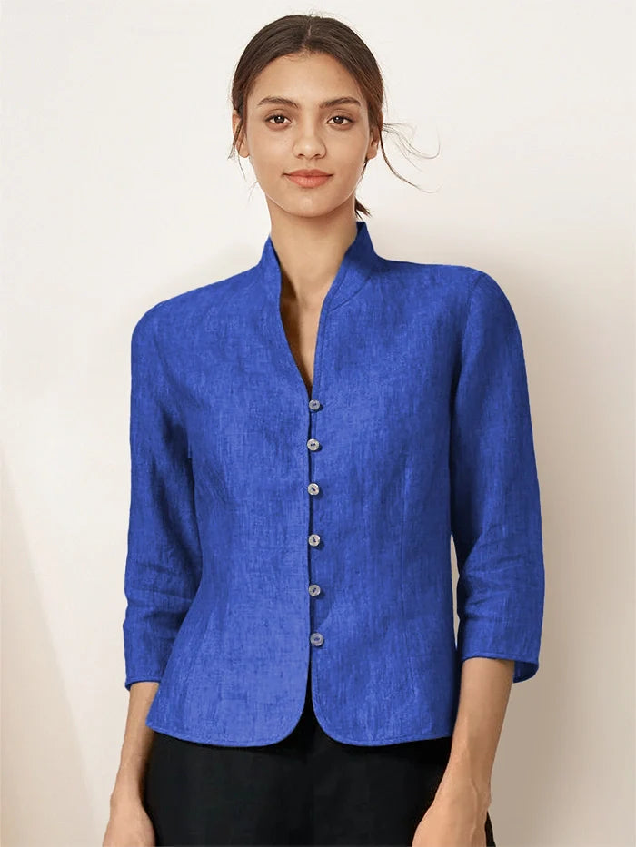 100% Linen Hand Button Fitted Jacket AMELIA - Royal Blue / S - TOPS-Linen Jackets