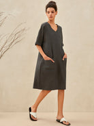 MIA 100% LINEN OVERSIZED V-NECK DRESS - Dark Grey / S - dresses