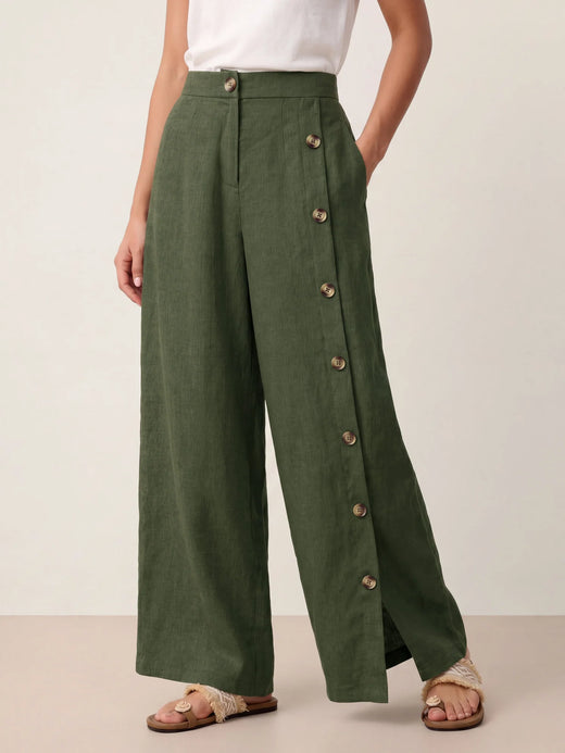 100% Linen Buttoned Slit-Hem Pants KATYA