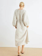 100% LINEN PUFF SLEEVE DRAWSTRING WAIST MAXI DRESS MILLY