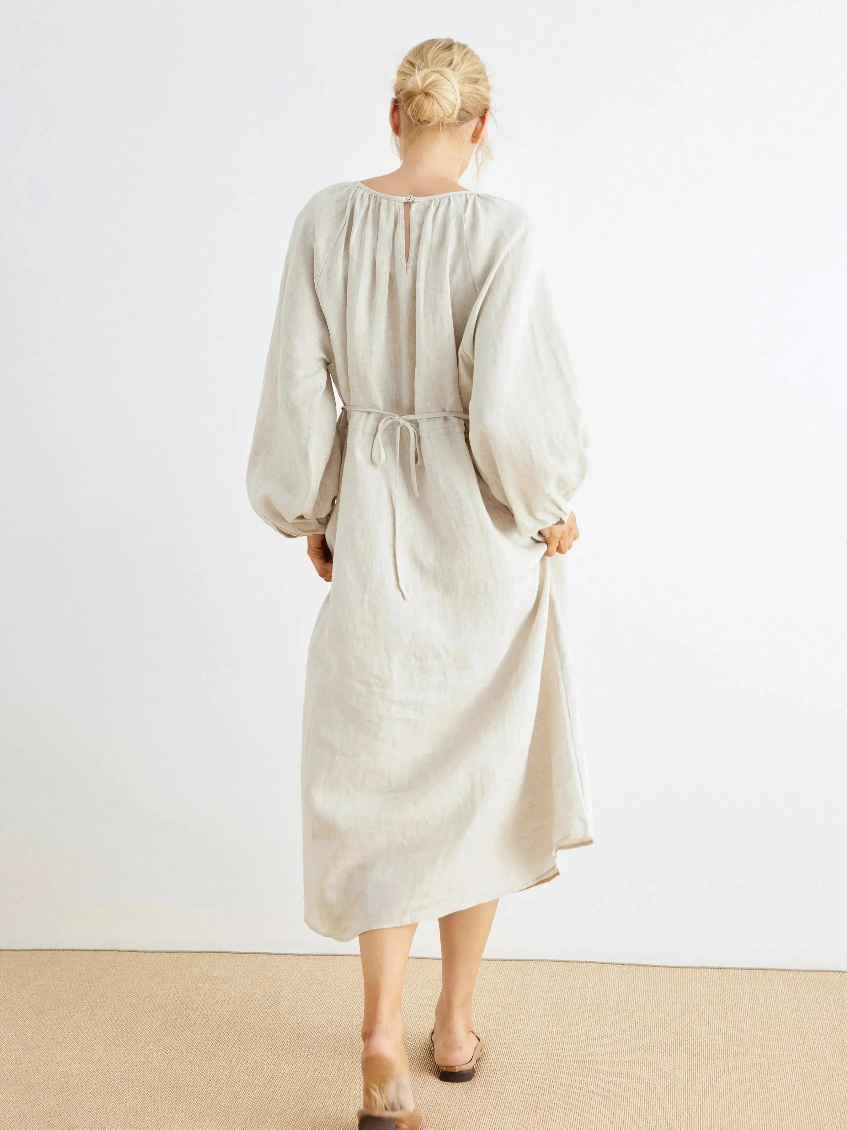 100% LINEN PUFF SLEEVE DRAWSTRING WAIST MAXI DRESS MILLY