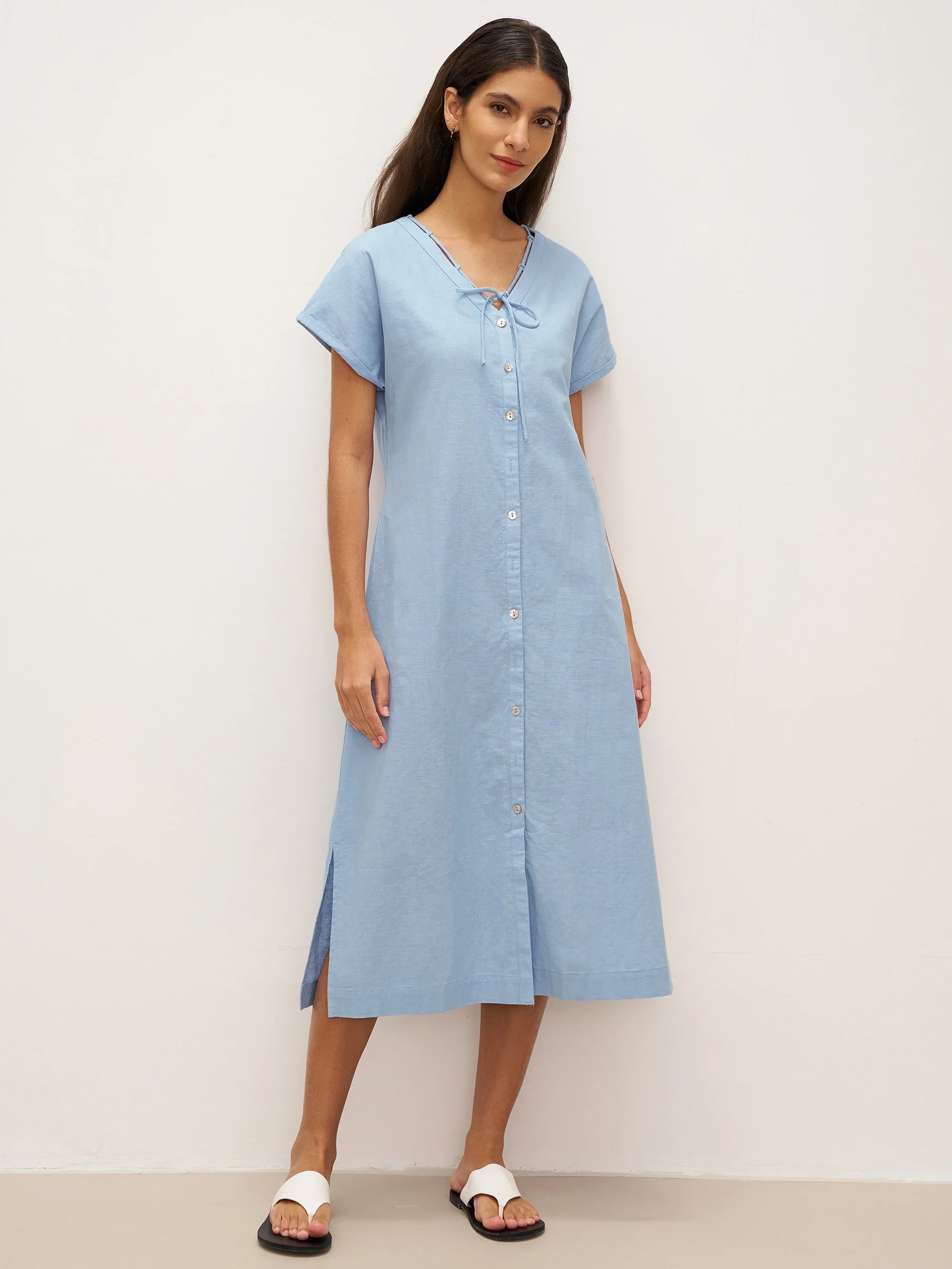 Linen Ladder Tie Simple Dress - Powder Blue / S - DRESSES-Linen Maxi