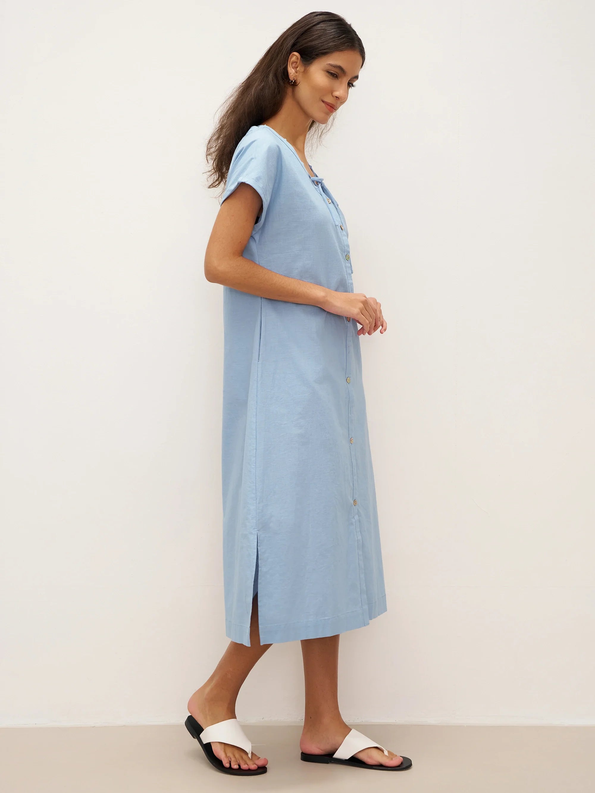 Linen Ladder Tie Simple Dress - DRESSES-Linen Maxi