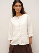 100% Linen Button-Front Drop Shoulder Shirt EASTER - Optic White / S - TOPS-Linen Button Down Shirts