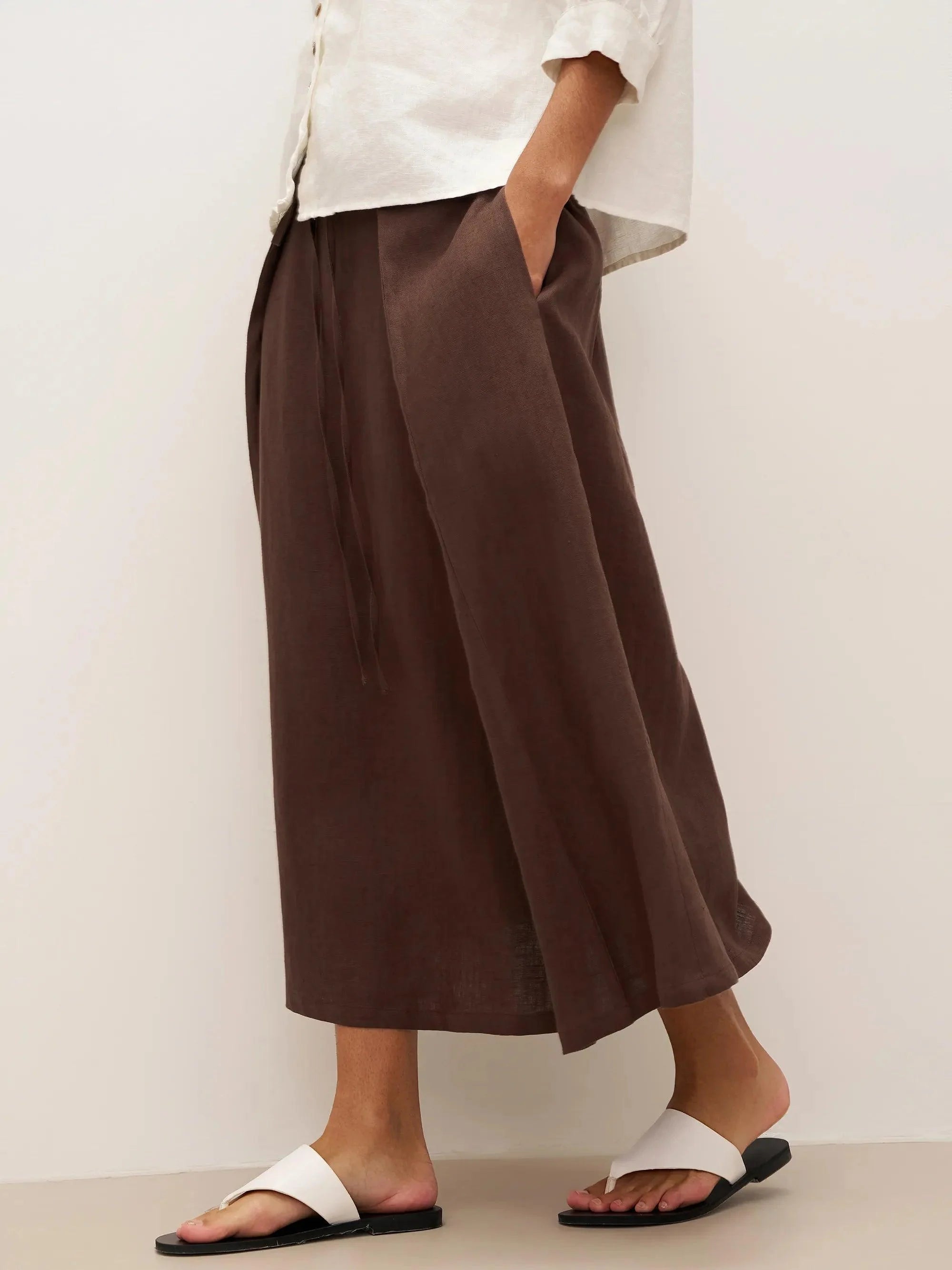 100% Linen Tie-Waist Wrapped A-Line Skirt EMILIE—Two-Way Wear - BOTTOMS-Linen Skirts